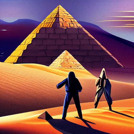 Image similar to people in the three body problem game,desert,pyramid，Modernist Painting,high detail,4k