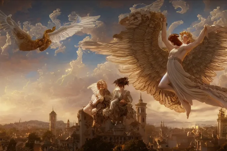 Prompt: a hyperrealistic render of an angelic band over rooftops in the baroque era, outdoor, art by Artgerm and Walter Crane and Seb Mckinnon and Greg Rutkowski and Alphonse Mucha, hearthstone art style, epic fantasty card game art, Beautiful dynamic dramatic moody lighting, shadows, cinematic, Octane, 8K