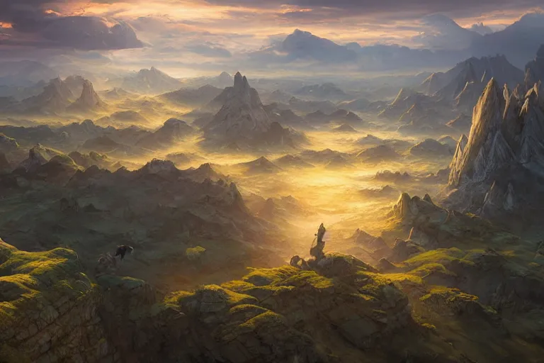 Prompt: high aerial shot, cinematic fantasy painting, dungeons and dragons, plains mountains and rivers, with sunset lighting ominous shadows by jessica rossier and brian froud cinematic painting
