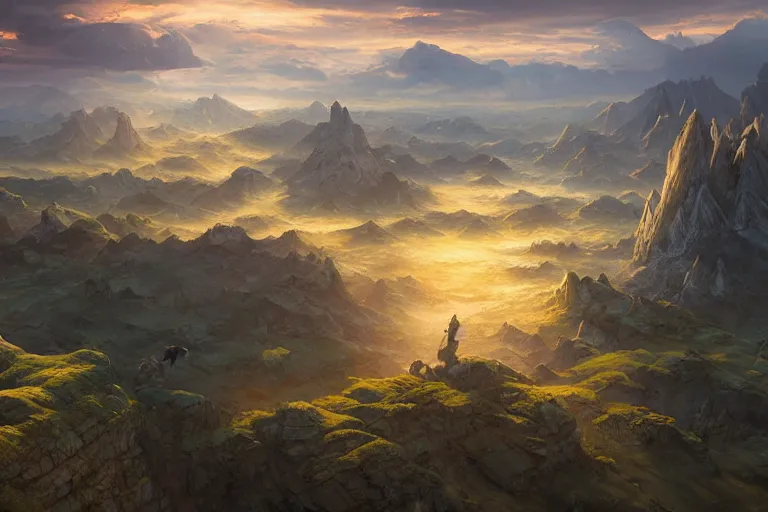 Image similar to high aerial shot, cinematic fantasy painting, dungeons and dragons, plains mountains and rivers, with sunset lighting ominous shadows by jessica rossier and brian froud cinematic painting