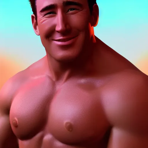 Image similar to concept art of billy herrington from Gachimuchi full round face, short smile, golden hour, medium shot, mid-shot, highly detailed, trending on Artstation, Unreal Engine 4k