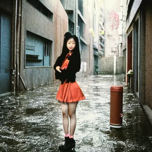 Image similar to 1990s perfect 8K HD professional cinematic photo of close-up japanese schoolgirl posing in sci-fi dystopian alleyway at morning during rain, at instagram, Behance, Adobe Lightroom, with instagram filters, depth of field, taken with polaroid kodak portra