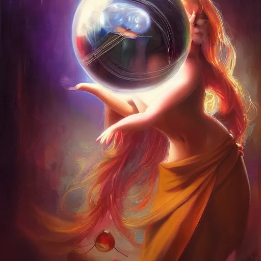 Image similar to a painting of a woman holding a crystal ball, a hologram by raymond swanland, featured on cgsociety, fantasy art, wiccan, mystical, tarot card
