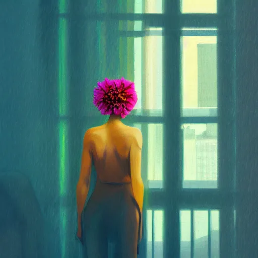 Image similar to closeup, giant flower head, woman next to modern windows, luxury apartment, surreal photography, dramatic light, impressionist painting, digital painting, artstation, james gilleard