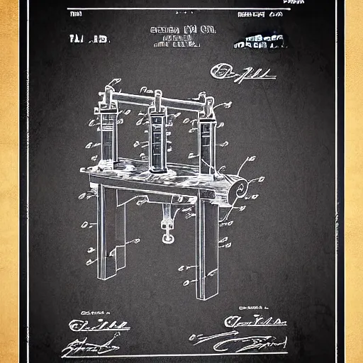 Prompt: a patent poster for a goldberg breakfast machine.