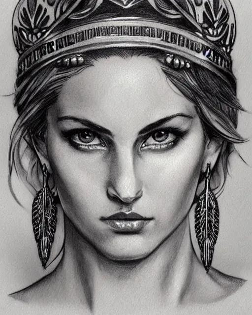 Image similar to realism tattoo sketch of a beautiful greek goddess aphrodite with piercing eyes wearing a laurel wreath and triangle earrings, in the style of greg rutkowski, amazing detail