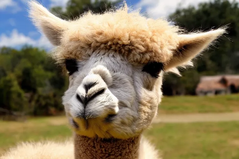 Image similar to <picture quality=4k-ultra-hd mode='attention grabbing'>Adorable alpaca looks into the camera knowingly as a house burns behind it - inspired by Disaster Girl</picture>