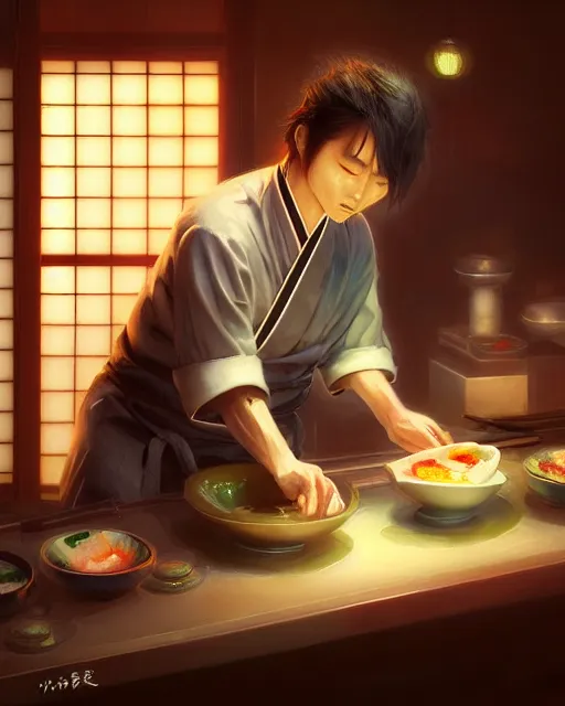 Prompt: japanese sushi chef, perfect face, akihabara, cinematic, highly detailed, psychedelic, digital painting, artstation, smooth, hard focus, illustration, art by jessica rossier and and brian froud