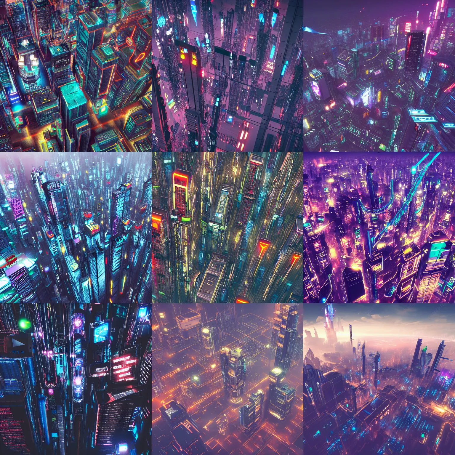 Prompt: aerial view of a cyberpunk city