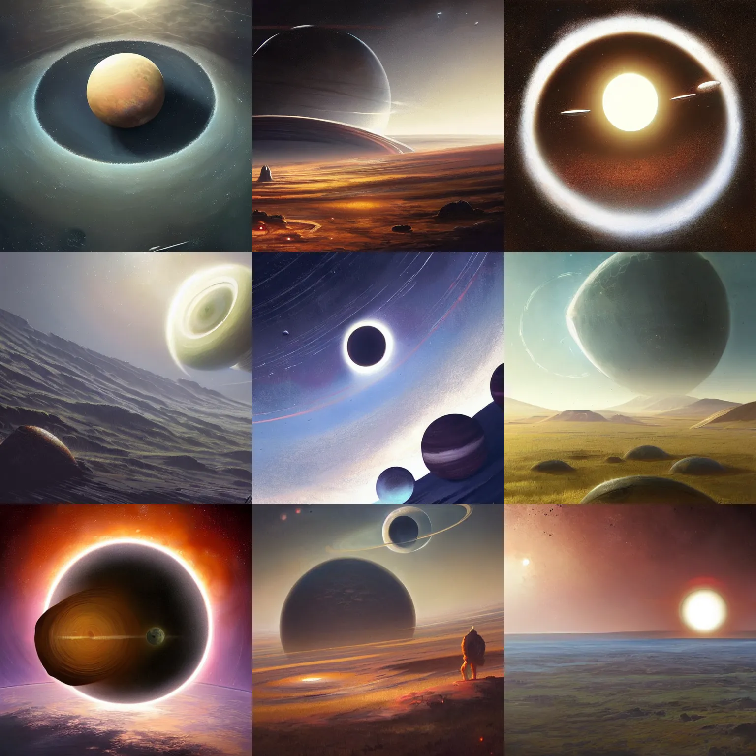 Prompt: planet surrounded by wide circles, flat, graphical, painted by greg rutkowski