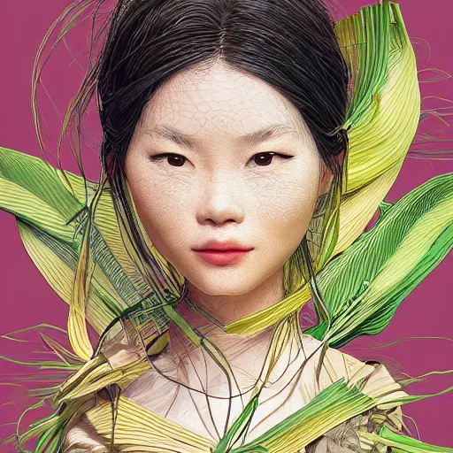 Image similar to the portrait of an incredibly cute and sophisticated vietnamese woman partially made of onions of all colors, an ultrafine detailed illustration by james jean, final fantasy, intricate linework, bright colors, behance contest winner, vanitas, angular, altermodern, unreal engine 5 highly rendered, global illumination, radiant light, detailed and intricate environment