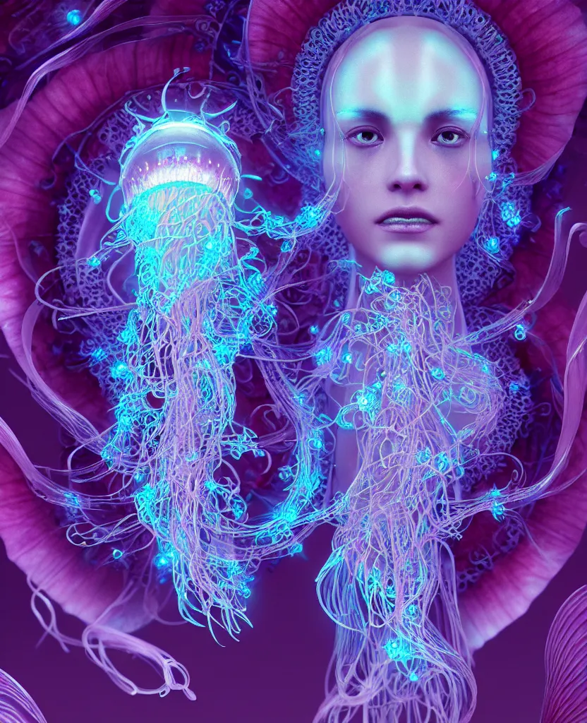 Image similar to goddess close-up portrait. orchid jellyfish phoenix head, nautilus, skull, betta fish, bioluminiscent creatures, intricate artwork by Tooth Wu and wlop and beeple. octane render, trending on artstation, greg rutkowski very coherent symmetrical artwork. cinematic, hyper realism, high detail, octane render, 8k