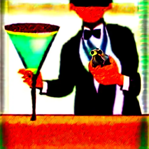 Image similar to a man holding a martini with an otter swimming in it while the otter gives a thumbs up in a 1 9 2 0 s advertisement poster