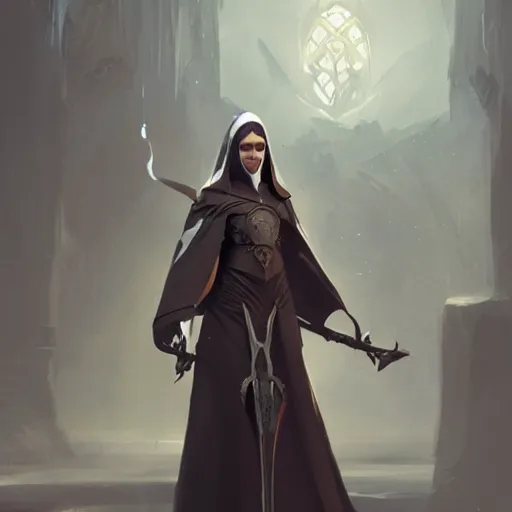 Image similar to high fantasy nun designed by Greg rutkowski, concept art, fantasy, 4k, CG render