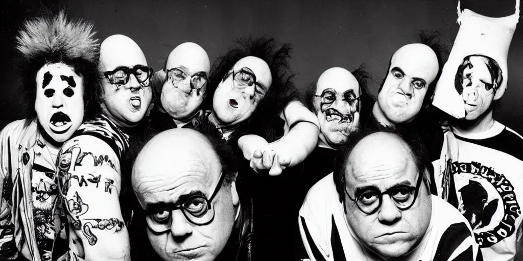 Image similar to Danny DeVito coneheads punk rock band, 1980s surrealism aesthetic, detailed facial expressions