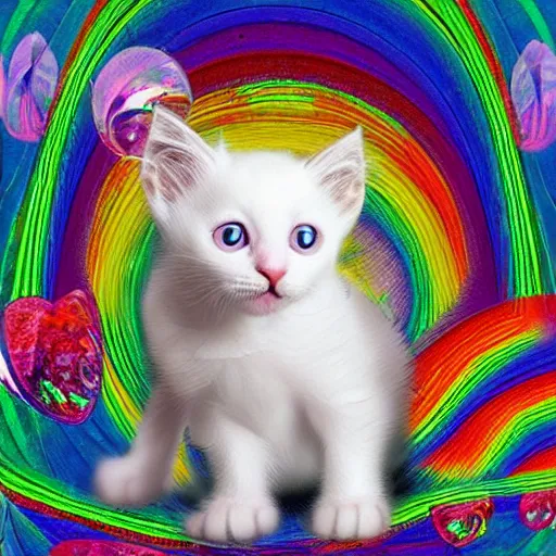 Prompt: a white kitten passing through a prism and becomes magically fractured into kittens of every color of the rainbow, fantasy illustration,