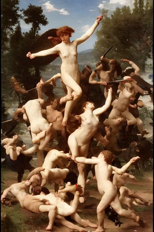 Image similar to battling Spartans against sheep in the style of  William Adolphe Bouguereau