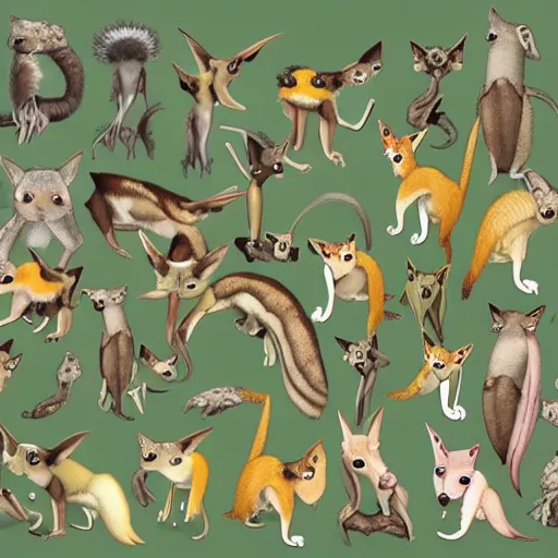 Image similar to A combination of Sugar glider, Tamandua, Gerenuk, Cuttlefish, Gecko, Sand cat, Bee hummingbird, Tree kangaroo, Racoon dog, Pygmy hippopotamus , Leafy sea dragon, Elephant Shrew, Quokka, Margay, Klipspringer, Fennec Fox, Tawny frogmouth, Tarsier, Quetzal, Star-nosed mole