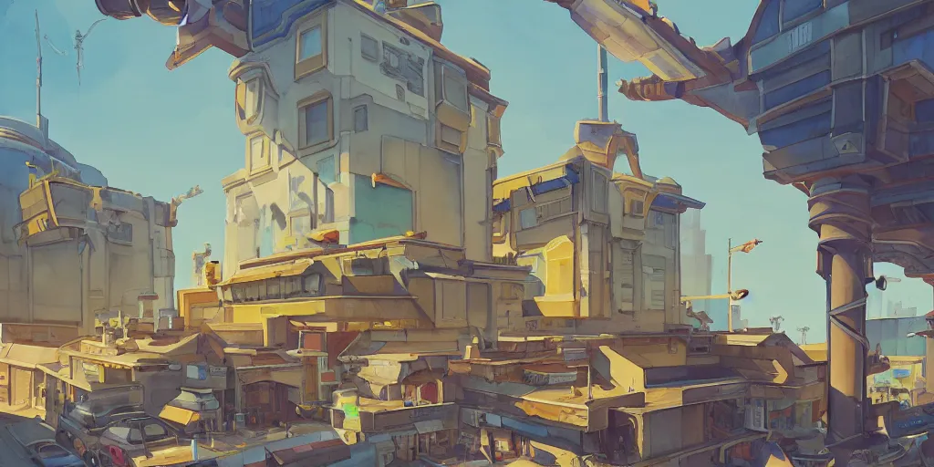 Prompt: overwatch building, stylized, exterior, architecture, in watercolor gouache detailed paintings, insanely detail, artstation, 8 k, futuristic, big medium small, arcane, simon stalenhag, food stall, interesting shapes & form, golden ratio, megastructures, vitaly bulgarov