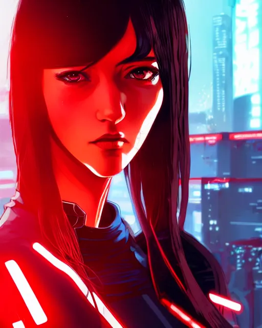 Image similar to a detailed potrait of a cyberpunk cyborg girl with black and red parts, perfect face, realistic shaded perfect face, detailed. night setting. very anime style. realistic shaded lighting poster by ilya kuvshinov katsuhiro, unreal engine, global illumination, radiant light, detailed and intricate environment