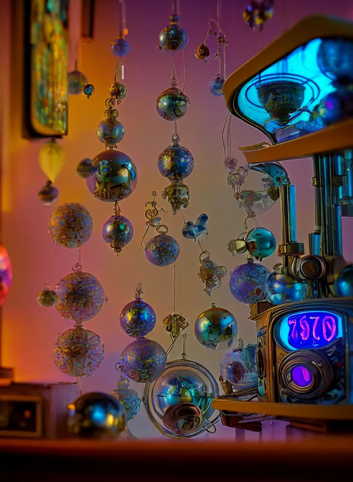 Image similar to telephoto 7 0 mm f / 2. 8 iso 2 0 0 photograph depicting the feeling of chrysalism in a cosy safe cluttered french sci - fi ( art nouveau ) cyberpunk apartment in a pastel dreamstate art cinema style. ( ornaments ) ( ( fish tank ) ), ambient light.