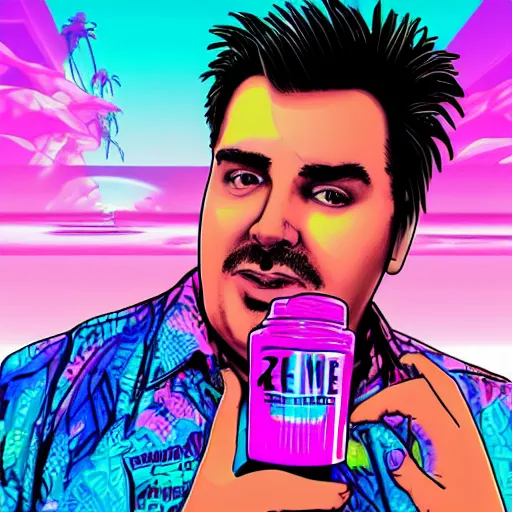 Prompt: Jeff Gerstmann enjoying a Zoe Energy drink in the Vaporwave zone, detailed, colorful