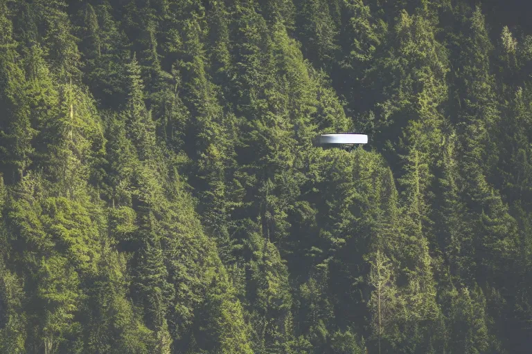 Image similar to sci fi nuclear containment buildings in a steep sided valley with trees, ufo flying around, a sense of hope and optimism, birds overhead, stark light, day time, unsplash, national geographic, hd, high res