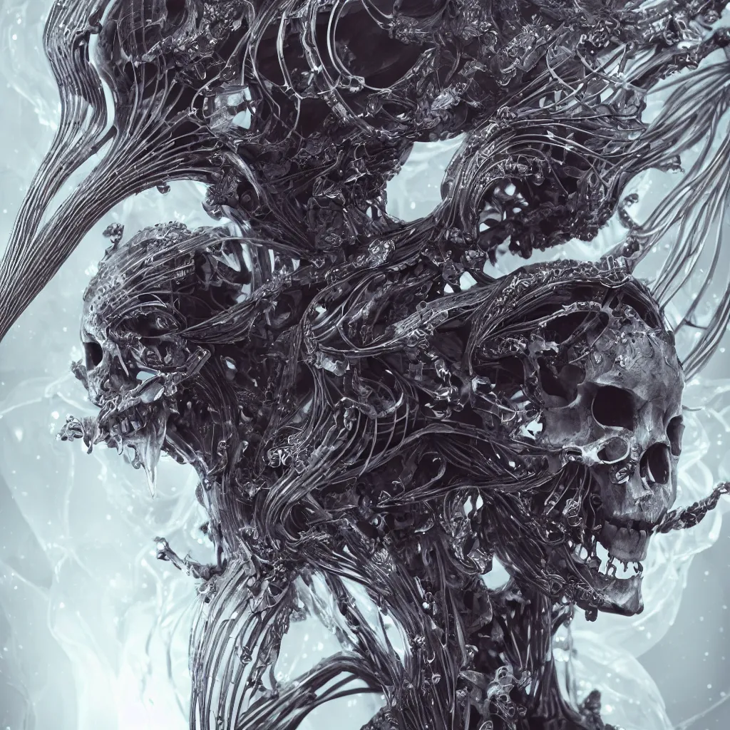 Image similar to close-up macro portrait of the face of a beautiful princess with animal skull mask, epic angle and pose ribcage skeleton, symmetrical artwork, 3d with depth of field, blurred background, cybernetic jellyfish female face skull phoenix bird, translucent, nautilus, energy flows of water and fire. a highly detailed epic cinematic concept art CG render. made in Maya, Blender and Photoshop, octane render, excellent composition, cinematic dystopian brutalist atmosphere, dynamic dramatic cinematic lighting, aesthetic, very inspirational, arthouse. y Greg Rutkowski, Ilya Kuvshinov, WLOP, Stanley Artgerm Lau, Ruan Jia and Fenghua Zhong