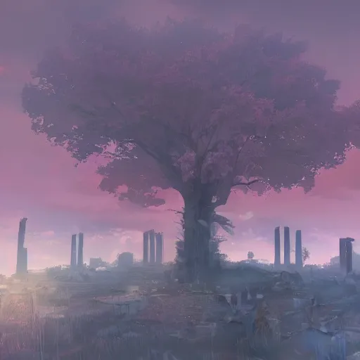 Image similar to apocalyptic ruins. pink tree growing. Atmospheric lighting, gloomy, dark, end of the world, ruins, everything is dead, post apocalyptic. Makoto Shinkai, anime, trending on ArtStation, digital art.