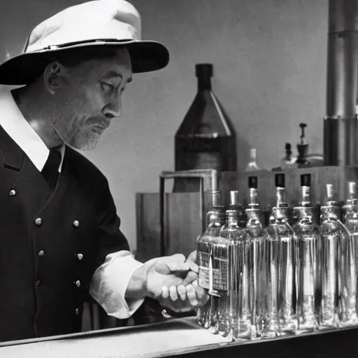 Image similar to a man in a uniform observing the sealing of a number of important looking bottles of spirits