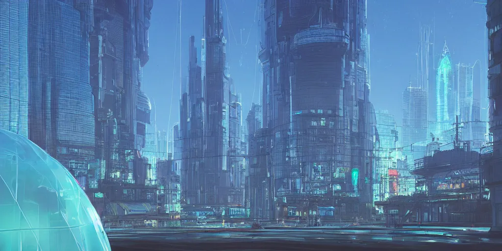 Prompt: translucent azure glass dome containing skyscraper city ,Stalenhag style, soft light, neon lights, 8k, high detail