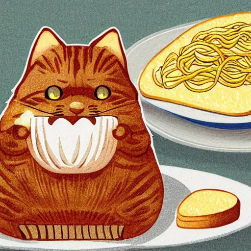 Image similar to obese cat sitting next to a slice of toast with indomie mi goreng noodles on top, traditional artstyle