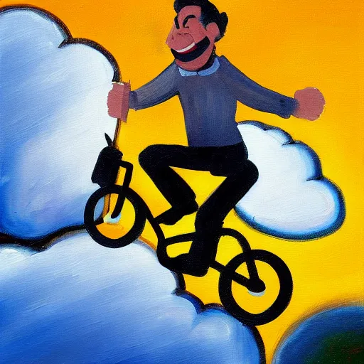 Image similar to A whimsical painting of a happy man flying in the sky on his bicycle in the clouds, action shot, subject is smiling, expressive oil painting, digital art