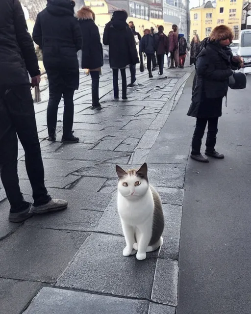 Image similar to cat standing up, cat standing on its hind legs, in line with people at a bus stop in winter copenhagen, as seen on reddit, photograph