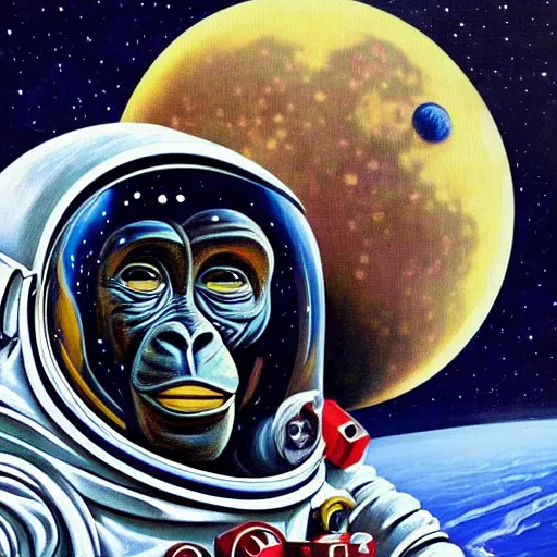 Image similar to paint of a lunar bored ape astronaut, art by damien gilley, optical illusion, surrealism, modern art, 8 k resolution, artwork beautiful