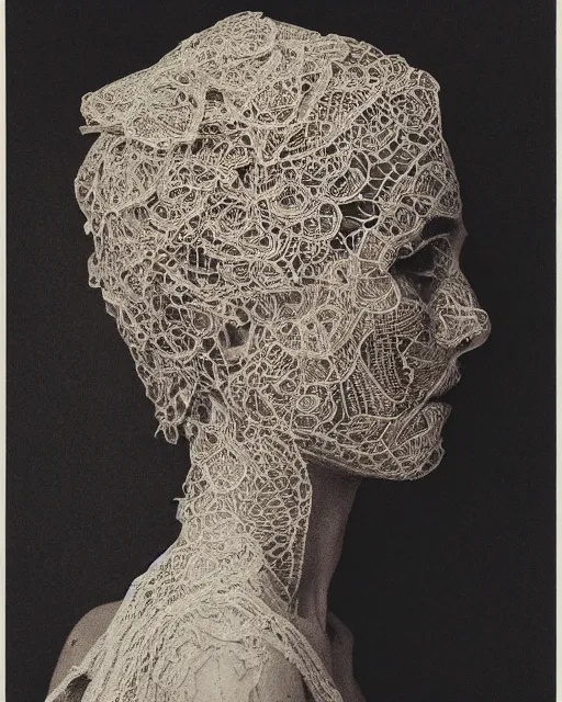 Prompt: a woman's face in profile, made of intricate decorative lace leaf skeleton, in the style of the dutch masters and gregory crewdson, dark and moody