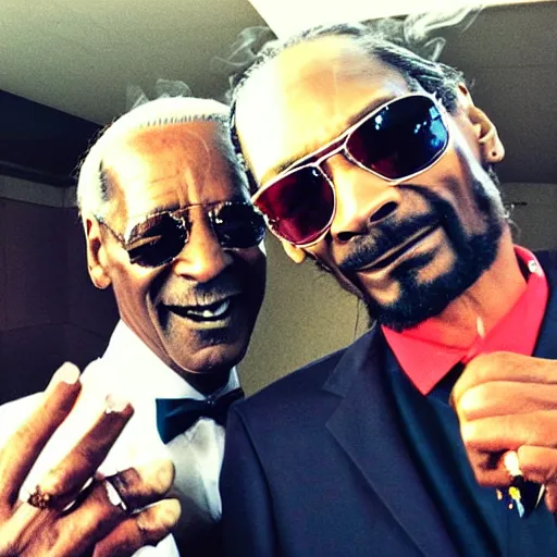 Prompt: selfie of snoop dogg with joe biden smoking a sandwich