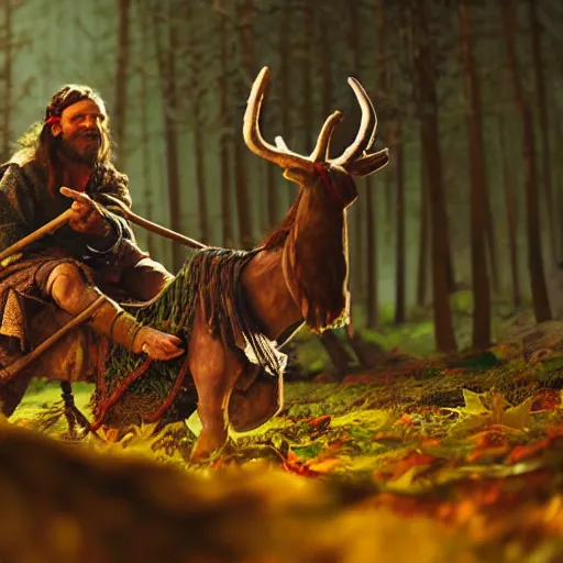 Image similar to hippie tribal hobo wearing twigs and leaves smiling sheepishly, riding tiny scuffy donkey with novelty oversized antlers, autumn forest, highly detailed, dramatic lighting, night time, cinematic, hyperrealistic, detailed, movie still from game of thrones