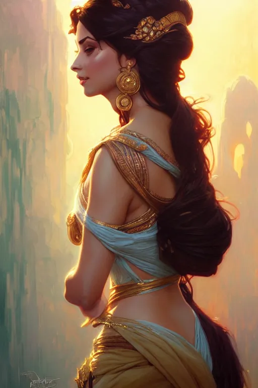 Image similar to Princess Jasmine, fantasy, intricate, elegant, highly detailed, digital painting, artstation, concept art, matte, sharp focus, illustration, art by Artgerm and Greg Rutkowski and Alphonse Mucha