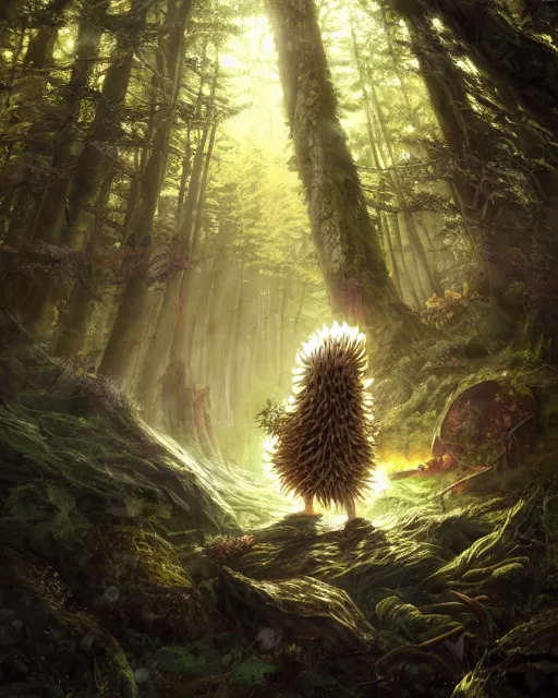 Prompt: Hedgehog druid, gaia, nature, fairy, forest background, magic the gathering artwork, D&D, fantasy, cinematic lighting, centered, symmetrical, highly detailed, digital painting, artstation, concept art, smooth, sharp focus, illustration, volumetric lighting, epic Composition, 8k, art by Akihiko Yoshida and Greg Rutkowski and Craig Mullins, oil painting, cgsociety