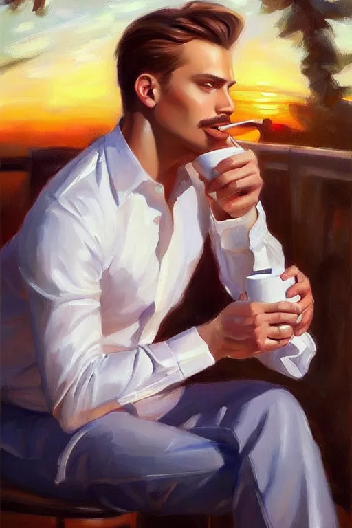 Image similar to attractive man drinking coffee, sunset, painting by vladimir volegov, j. c. leyendecker, tom of finland, trending on artstation