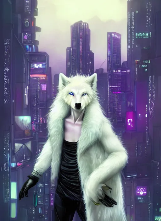 Image similar to award winning beautiful portrait commission of a male furry anthro albino wolf fursona with a tail and a cute beautiful attractive detailed furry face wearing stylish black, purple and yellow cyberpunk biker clothes standing on top of a high rise in a cyberpunk city at night while it rains. Character design by charlie bowater, ross tran, artgerm, and makoto shinkai, detailed, inked, western comic book art