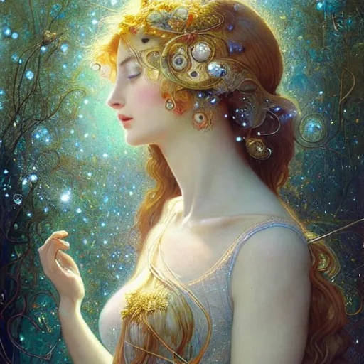 Image similar to Beautiful Delicate Detailed portrait of sun summer woman, With Magical golden eyes by Tom Bagshaw, Bastien Lecouffe Deharme, Erik Johansson, Amanda Sage, Alex Grey, Alphonse Mucha, Harry Clarke, Josephine Wall and Pino Daeni, Delicate winter frozen creature With long golden Hair and Magical Sparkling Eyes, Magic Particles; Magic Swirls, in a out of this world magical summer landscape, 4K; 64 megapixels; 8K resolution concept art; detailed painting; digital illustration; hyperrealism; trending on Artstation; Unreal Engine Photorealistic, lifelike, Unreal Engine, sharp, sharpness, detailed, 8K