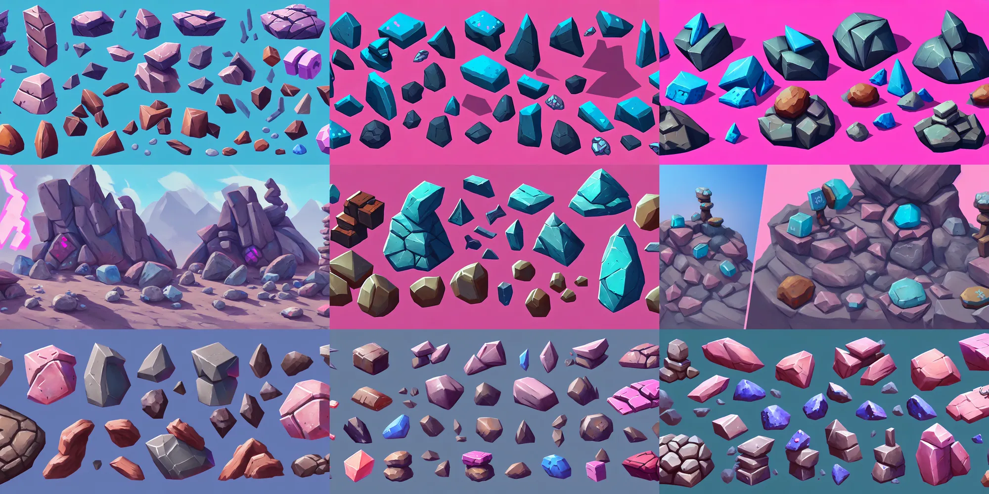 Prompt: game asset of stone and rocks, in gouache detailed paintings, props, stylized, 2 d sprites, kitbash, arcane, overwatch, blue and pink color scheme, 8 k, close up