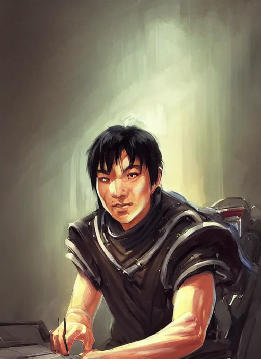 Image similar to asian with medium black hair man sitting at his desk look down at me, low angle, camera low, dndbeyond, bright, colourful, realistic, dnd character portrait, full body, pathfinder, pinterest, art by ralph horsley, dnd, rpg, lotr game design fanart by concept art, behance hd, artstation, deviantart, hdr render in unreal engine 5