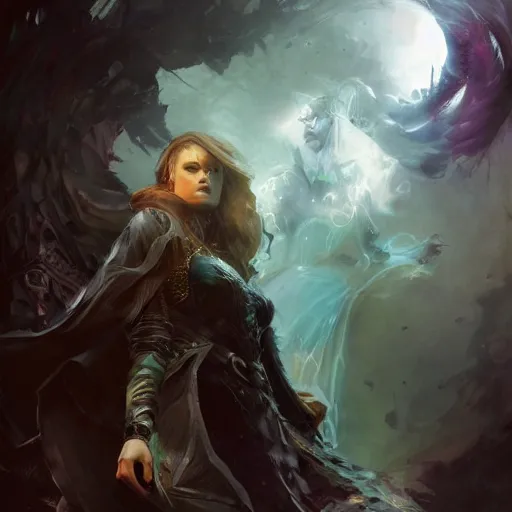 Image similar to enchanting sorcerer painted by Raymond Swanland