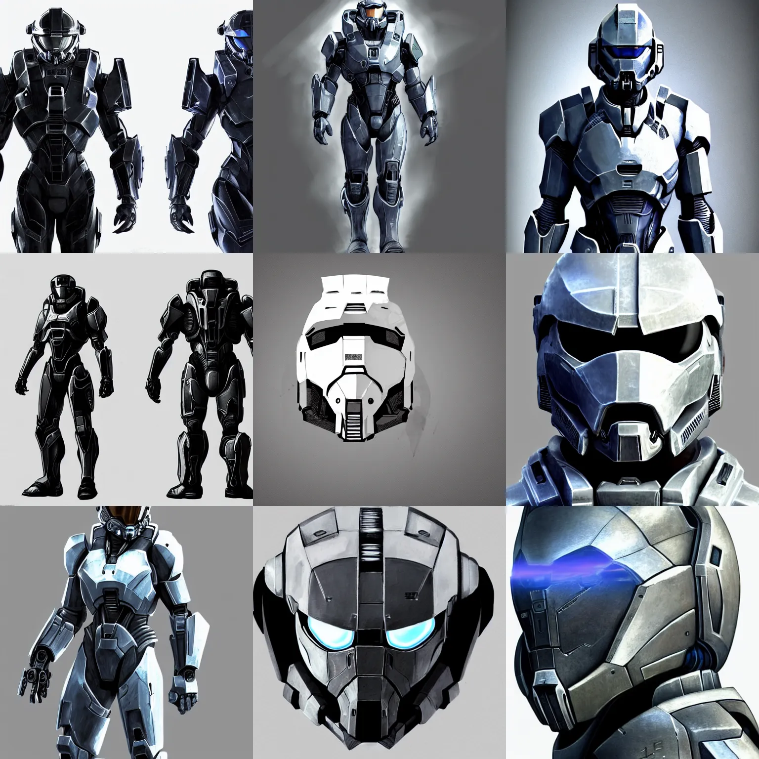 Prompt: concept art, portrait, engineering, design, game assets, form fitting power armor for men and women, highly realistic, mass effect, halo master chief, black and blue, intricate, elegant, artstation, on a stark white background