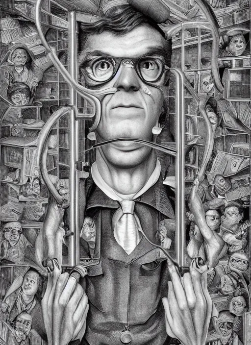 Image similar to a portrait of a school teacher, 🚿🗝📝, 8 k, lowbrow, in the style of mc escher and hr giger,