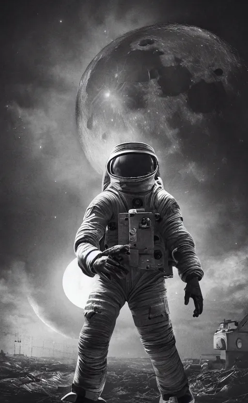 Image similar to WW2 photography, SOMA game art style, astronaut, nighttime, full moon, hyperdetailed, realistic, dark, horror, thrilling, random art