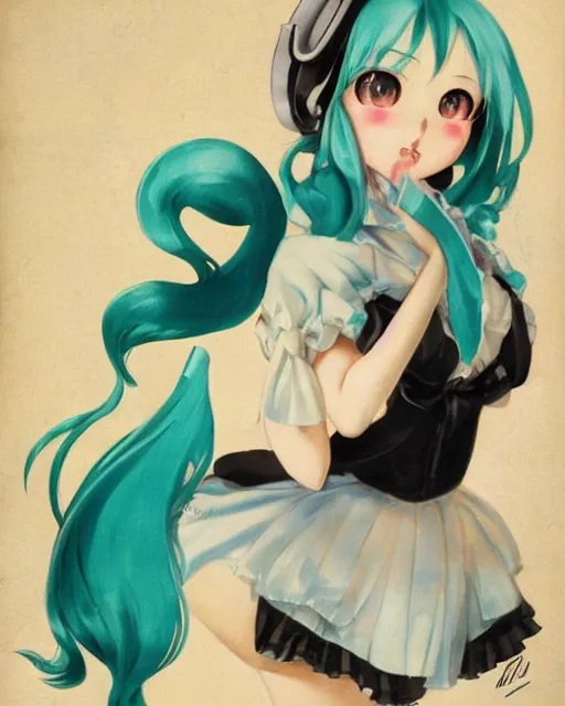 Prompt: hatsune Miku with cute face by Gil Elvgren and Enoch Bolle